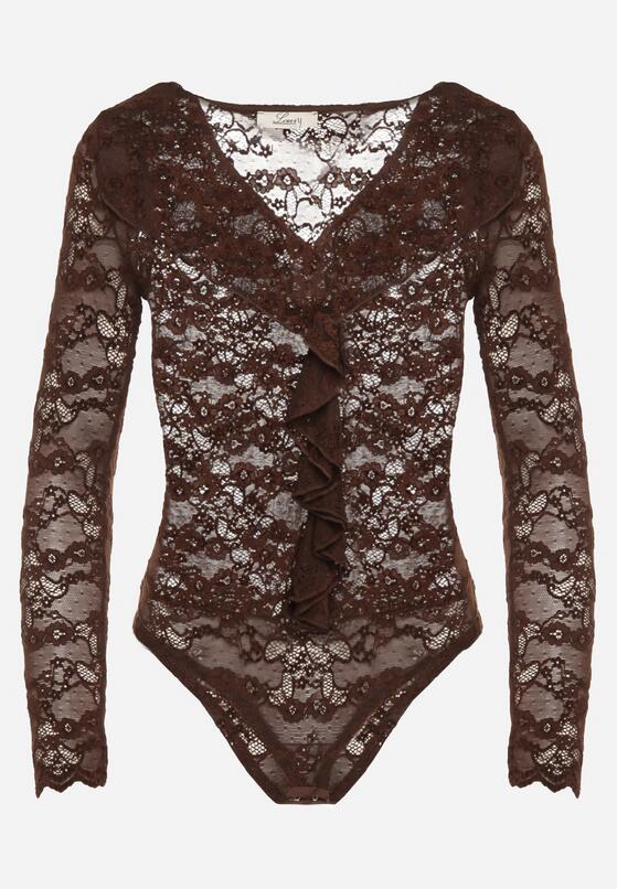Brązowe Koronkowe Body z Falbanką Vidane 4