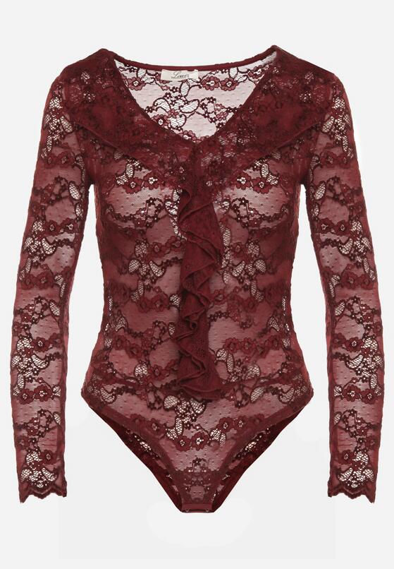 Bordowe Koronkowe Body z Falbanką Vidane 4