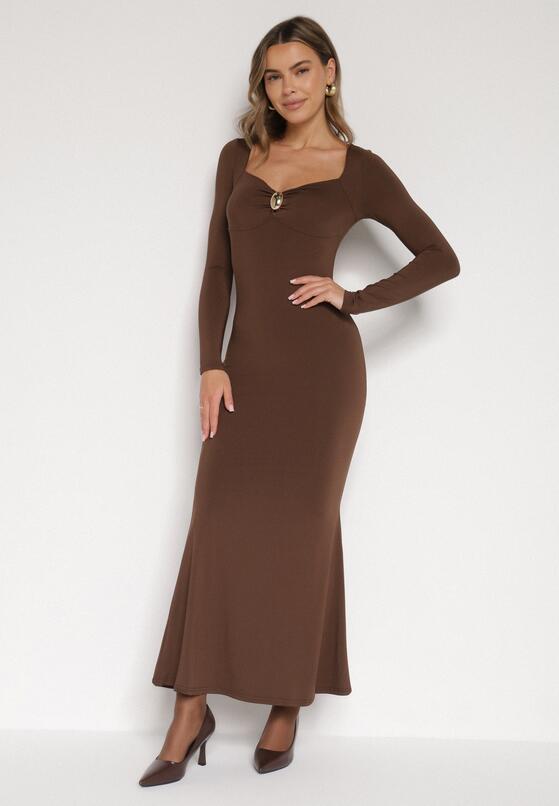 Brązowa Koktajlowa Sukienka z Wiskozą Ozdobiona Metalową Klamrą Refira 1