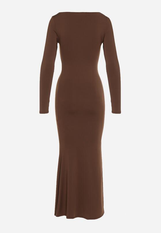 Brązowa Koktajlowa Sukienka z Wiskozą Ozdobiona Metalową Klamrą Refira 7