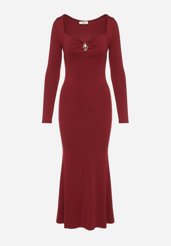 Bordowa Koktajlowa Sukienka z Wiskozą Ozdobiona Metalową Klamrą Refira 6
