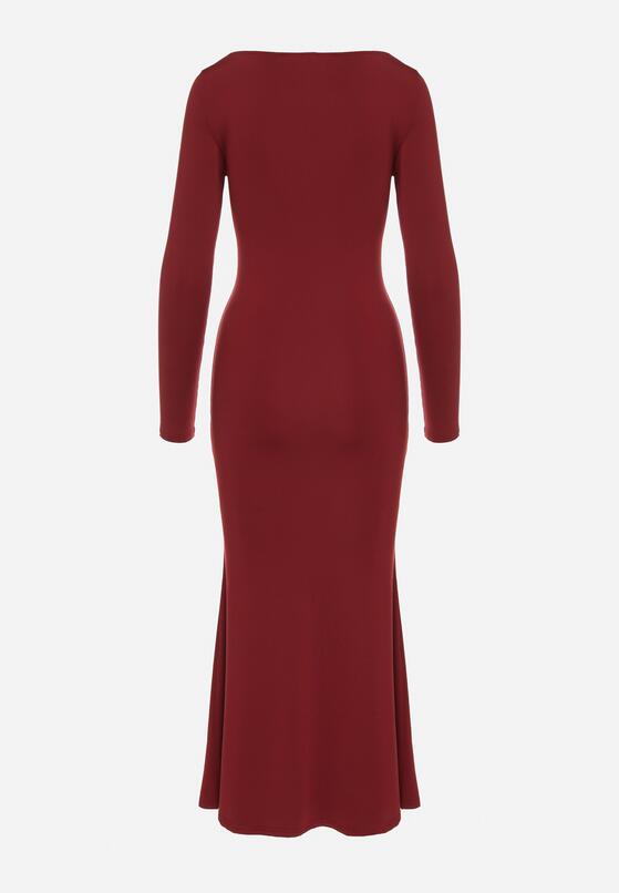 Bordowa Koktajlowa Sukienka z Wiskozą Ozdobiona Metalową Klamrą Refira 7
