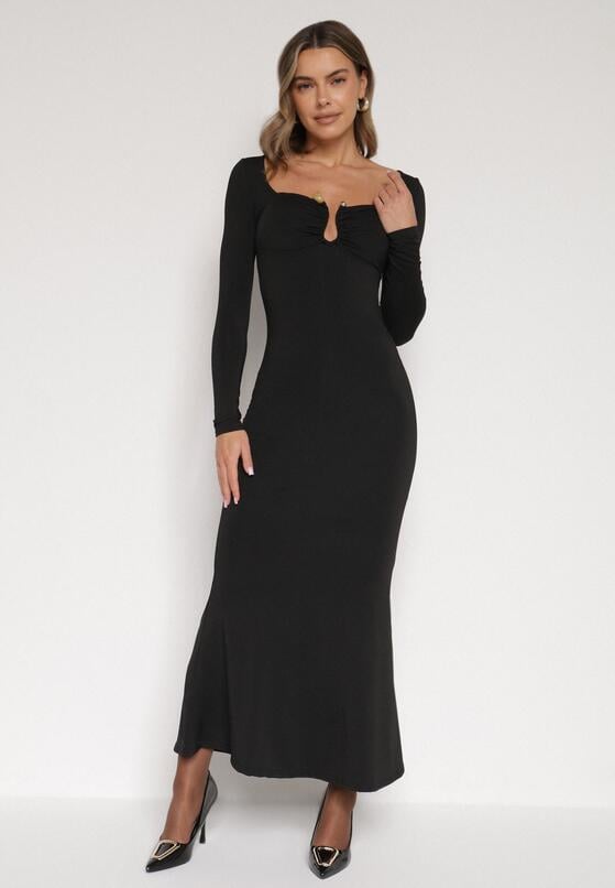 Czarna Koktajlowa Sukienka z Wiskozą i Metaliczną Ozdobą Refare 1