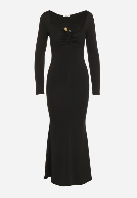 Czarna Koktajlowa Sukienka z Wiskozą i Metaliczną Ozdobą Refare 6