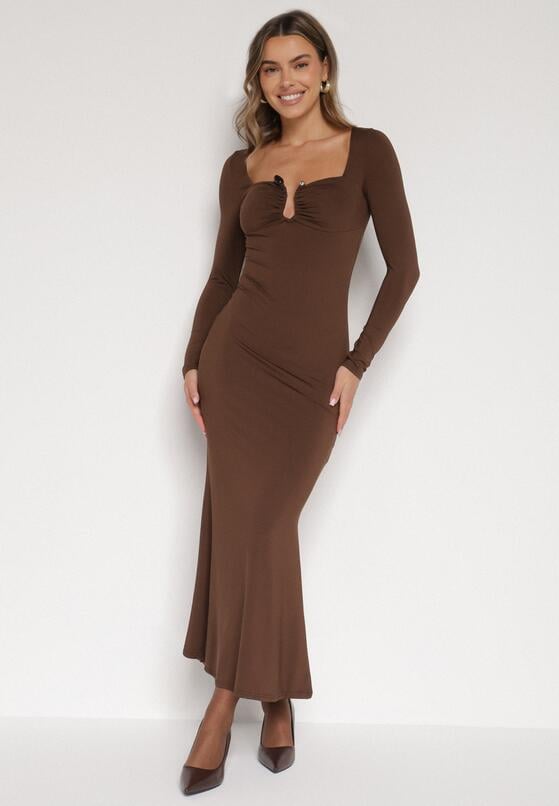 Brązowa Koktajlowa Sukienka z Wiskozą i Metaliczną Ozdobą Refare 1