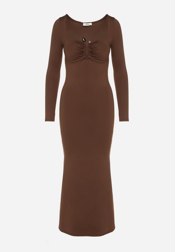 Brązowa Koktajlowa Sukienka z Wiskozą i Metaliczną Ozdobą Refare 6