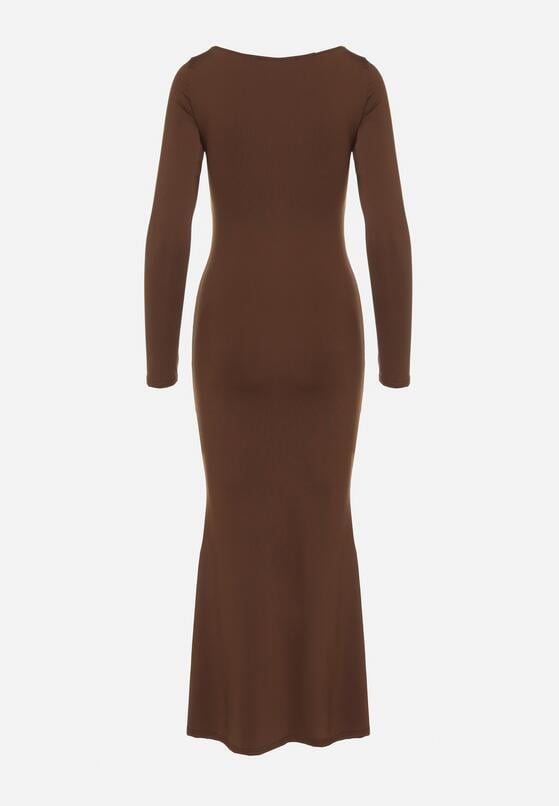 Brązowa Koktajlowa Sukienka z Wiskozą i Metaliczną Ozdobą Refare 7