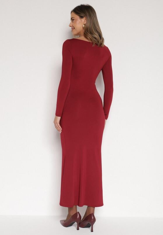 Bordowa Koktajlowa Sukienka z Wiskozą i Metaliczną Ozdobą Refare 3