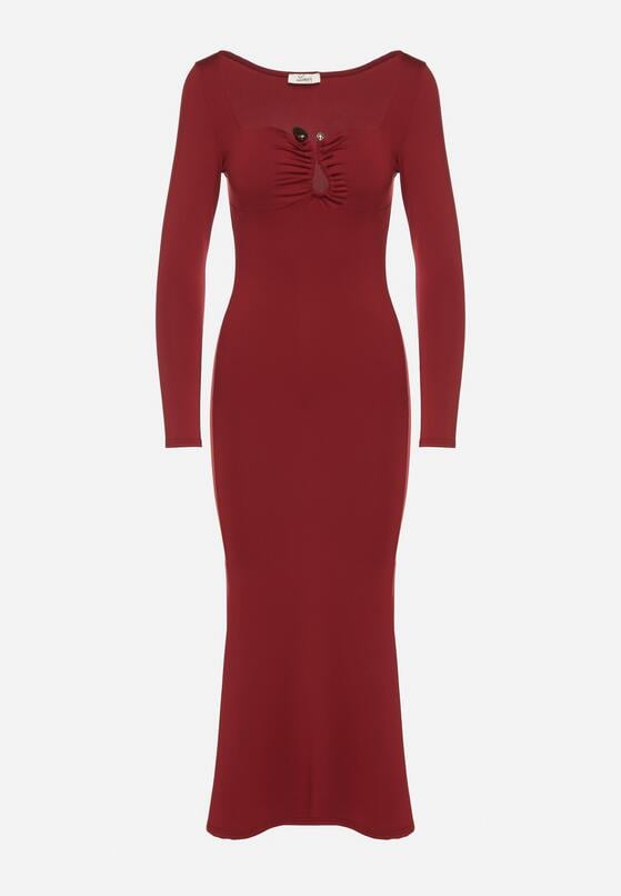 Bordowa Koktajlowa Sukienka z Wiskozą i Metaliczną Ozdobą Refare 6