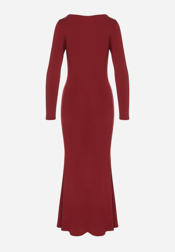 Bordowa Koktajlowa Sukienka z Wiskozą i Metaliczną Ozdobą Refare 7