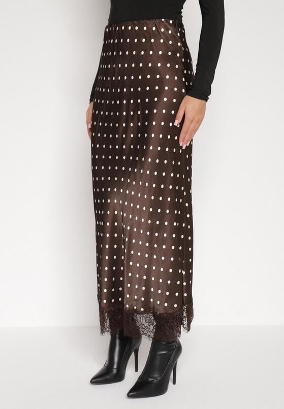Brązowa Wiskozowa Spódnica z Wysokim Stanem w Kropki z Koronką Monivesa 1