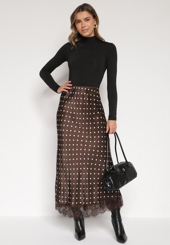 Brązowa Wiskozowa Spódnica z Wysokim Stanem w Kropki z Koronką Monivesa 2