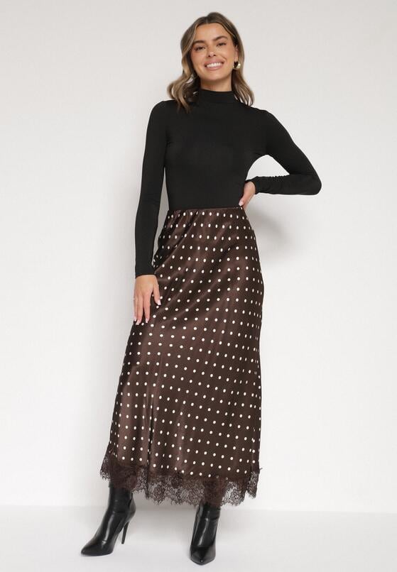 Brązowa Wiskozowa Spódnica z Wysokim Stanem w Kropki z Koronką Monivesa 4