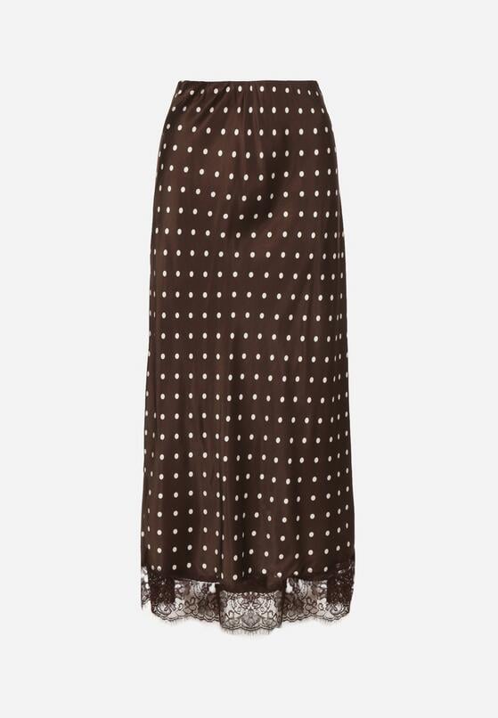 Brązowa Wiskozowa Spódnica z Wysokim Stanem w Kropki z Koronką Monivesa 6