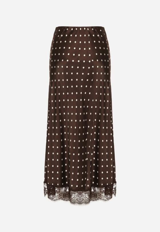 Brązowa Wiskozowa Spódnica z Wysokim Stanem w Kropki z Koronką Monivesa 7