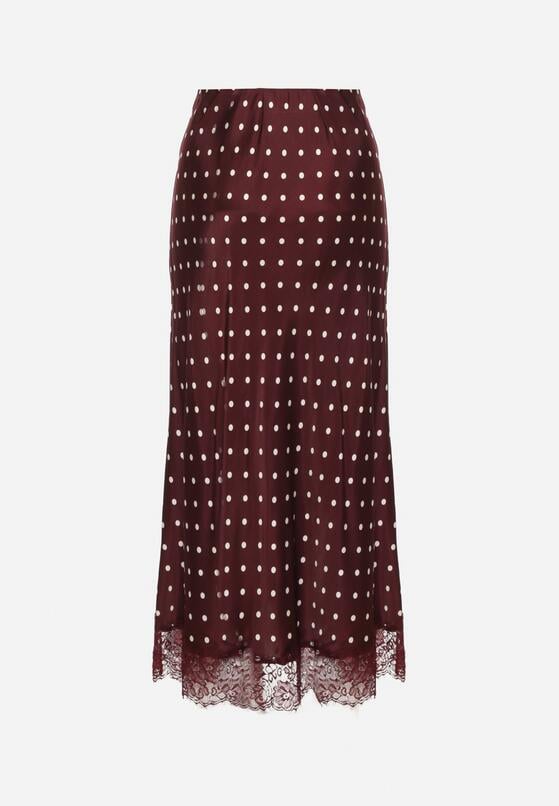Bordowa Wiskozowa Spódnica z Wysokim Stanem w Kropki z Koronką Monivesa 7
