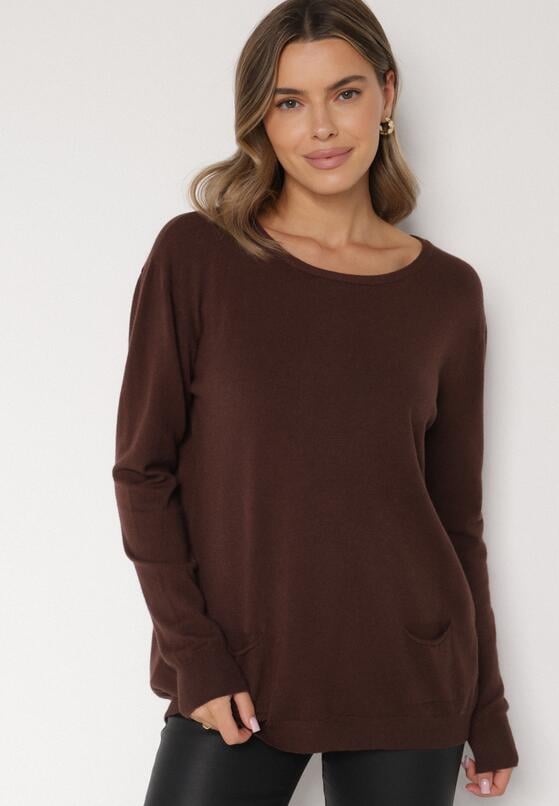 Brązowy Sweter z Kaszmirem i Ozdobnymi Kieszeniami Sanarea 1