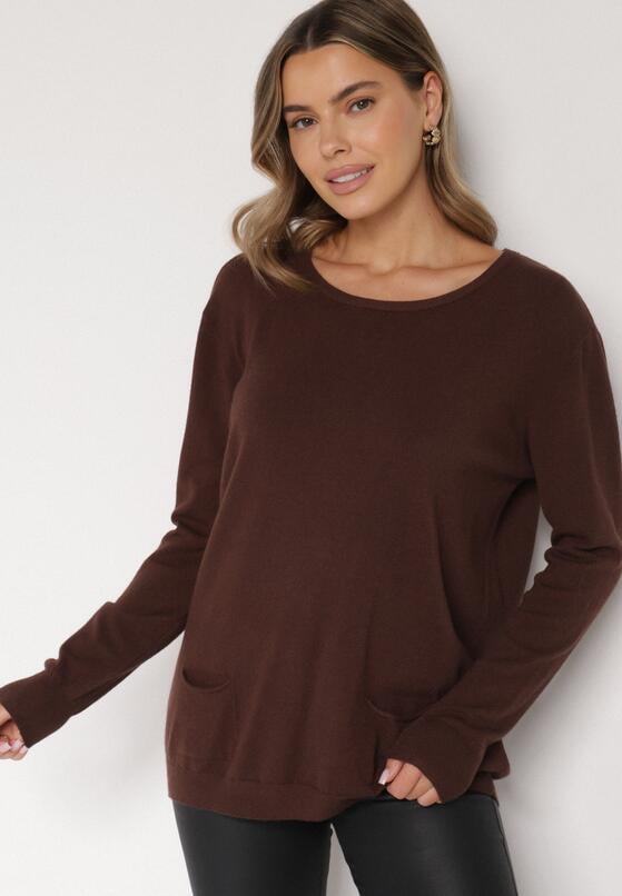 Brązowy Sweter z Kaszmirem i Ozdobnymi Kieszeniami Sanarea 2