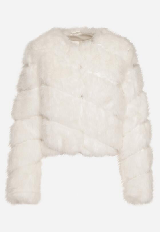 Biała Krótka Kurtka z Futerkiem na Haftki Loreinda 6