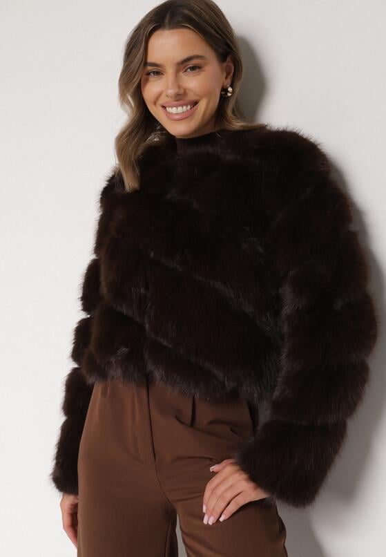 Brązowa Krótka Kurtka z Futerkiem na Haftki Loreinda 1