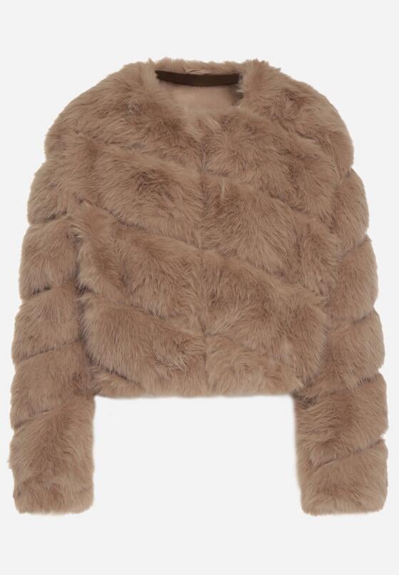 Ciemnobeżowa Krótka Kurtka z Futerkiem na Haftki Loreinda 6