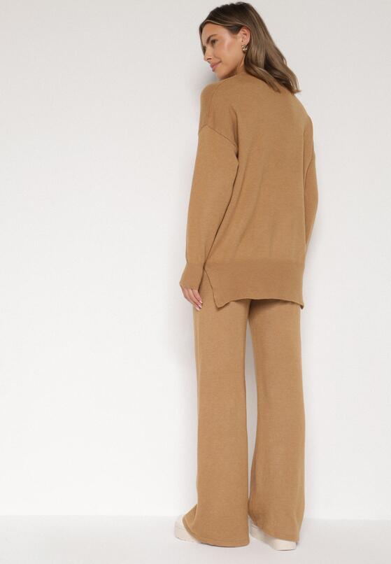 Beżowy Dzianinowy Komplet z Bawełną i Wełną Szerokie Spodnie i Sweter Golf Valefessa 3
