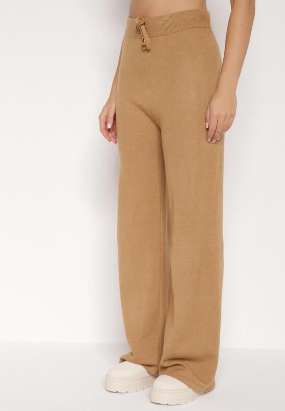 Beżowy Dzianinowy Komplet z Bawełną i Wełną Szerokie Spodnie i Sweter Golf Valefessa 4