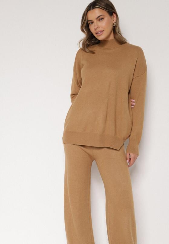 Beżowy Dzianinowy Komplet z Bawełną i Wełną Szerokie Spodnie i Sweter Golf Valefessa 5