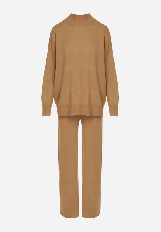 Beżowy Dzianinowy Komplet z Bawełną i Wełną Szerokie Spodnie i Sweter Golf Valefessa 6