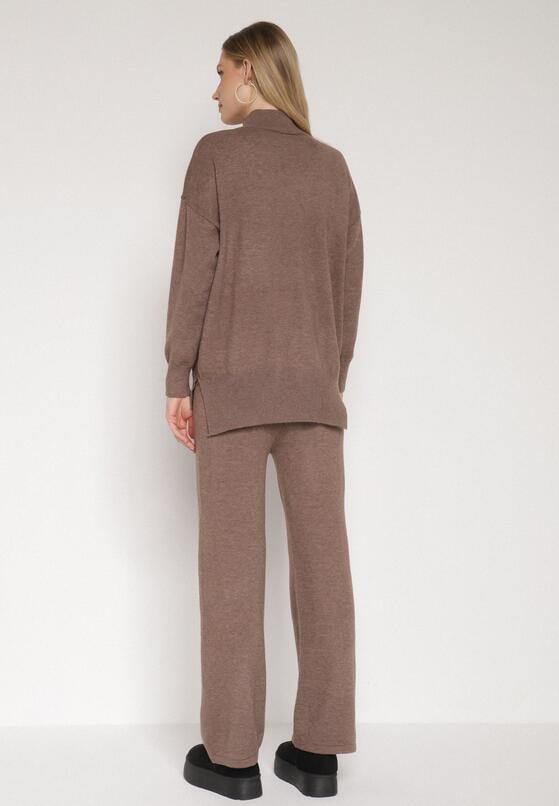 Ciemnobeżowy Dzianinowy Komplet z Bawełną i Wełną Szerokie Spodnie i Sweter Golf Valefessa 3