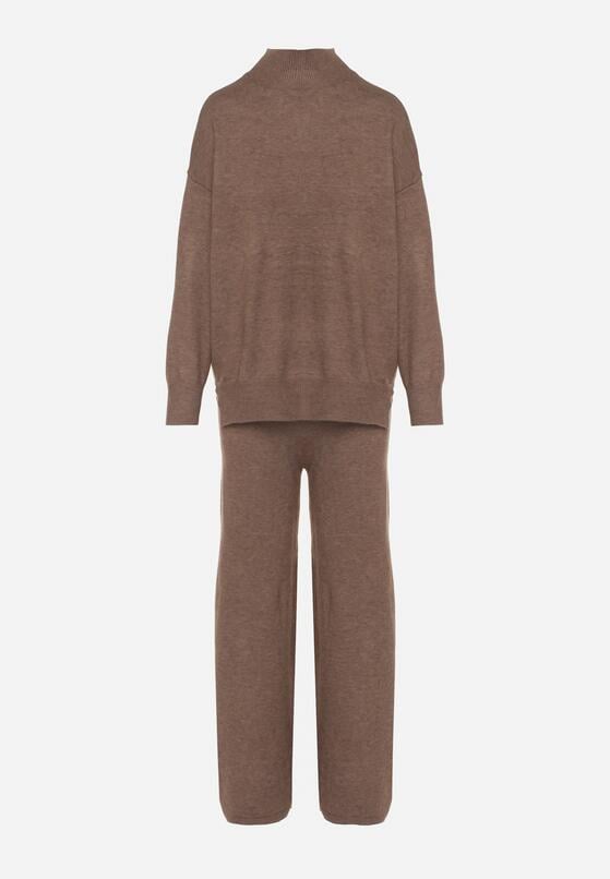 Ciemnobeżowy Dzianinowy Komplet z Bawełną i Wełną Szerokie Spodnie i Sweter Golf Valefessa 6