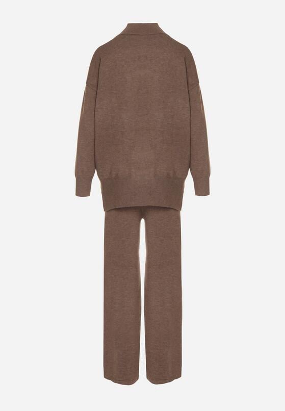 Ciemnobeżowy Dzianinowy Komplet z Bawełną i Wełną Szerokie Spodnie i Sweter Golf Valefessa 7