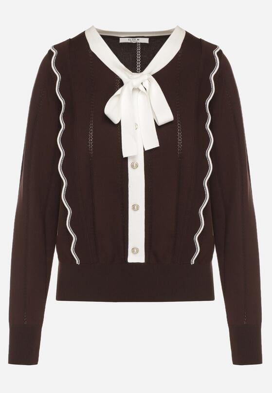 Brązowy Sweter z Wiskozą Ozdobiony Kokardą Eleganckimi Guzikami i Kontrastowymi Detalami Miariel 6