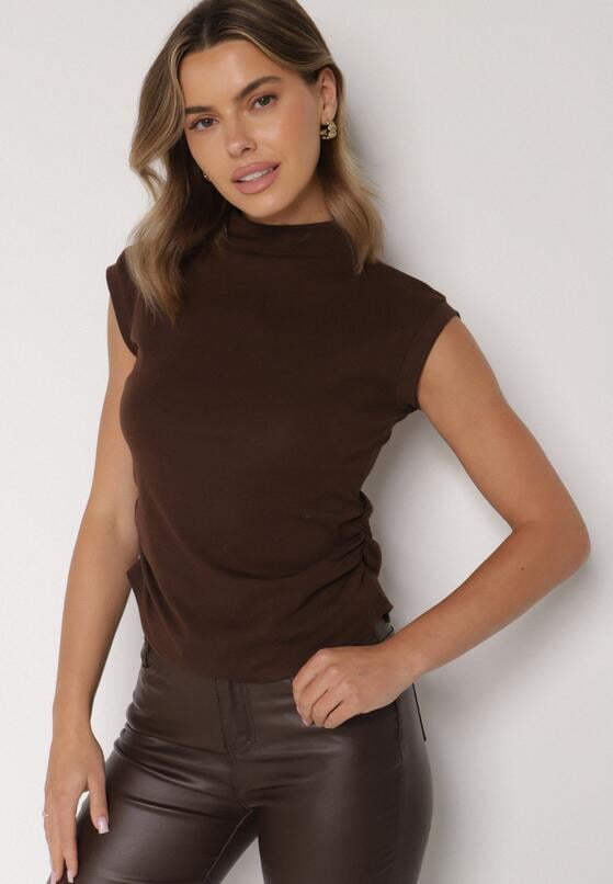 Brązowy Marszczony Top z Bawełny i Wiskozy z Półgolfem Zetalia 4