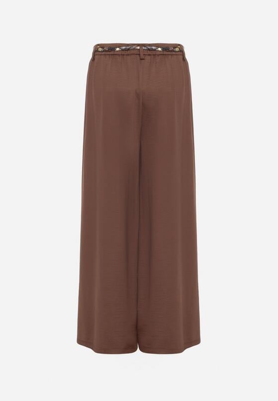 Brązowe Spodnie o Szerokim Kroju Ozdobione Paskiem Tusrina 7