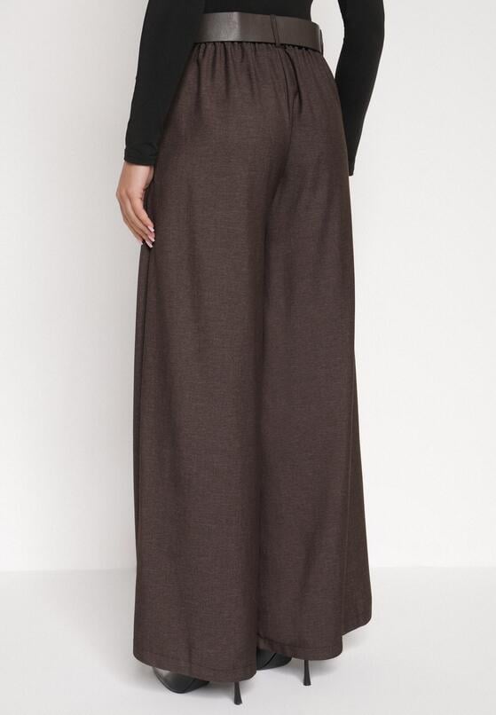 Brązowe Bawełniane Szerokie Spodnie Garniturowe z Wysokim Stanem i Paskiem Tusamia 3