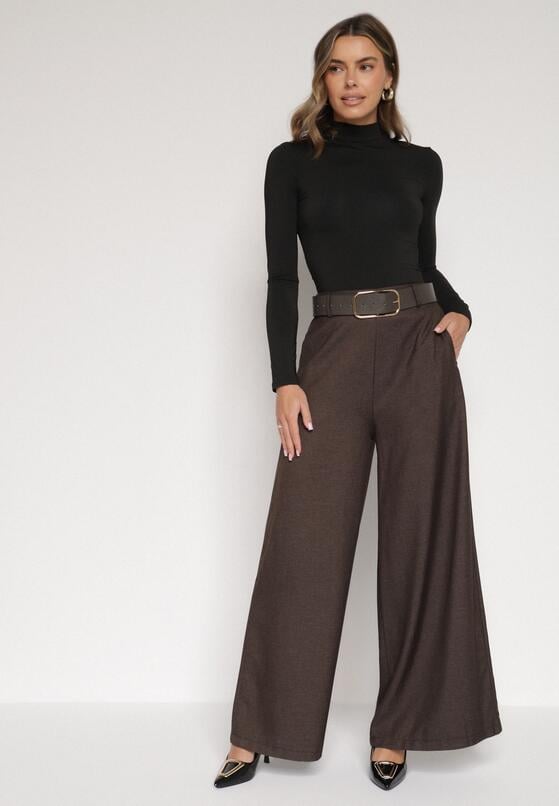 Brązowe Bawełniane Szerokie Spodnie Garniturowe z Wysokim Stanem i Paskiem Tusamia 4