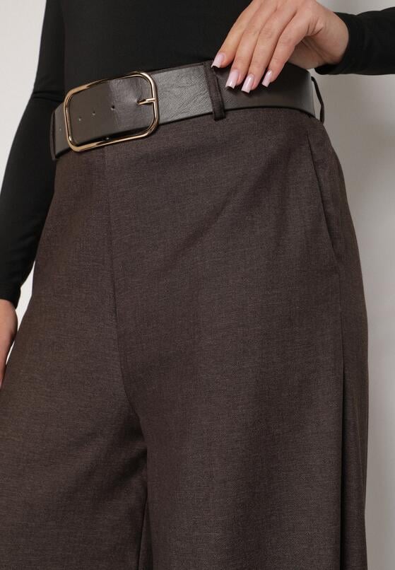 Brązowe Bawełniane Szerokie Spodnie Garniturowe z Wysokim Stanem i Paskiem Tusamia 5