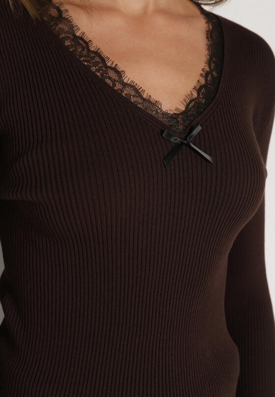 Brązowy Sweter z Wiskozą Ozdobiony Koronką i Kokardką Tusirea 5