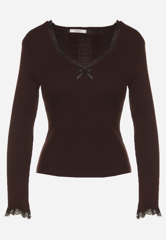 Brązowy Sweter z Wiskozą Ozdobiony Koronką i Kokardką Tusirea 6