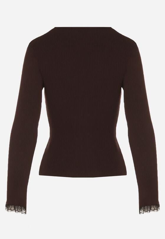 Brązowy Sweter z Wiskozą Ozdobiony Koronką i Kokardką Tusirea 7