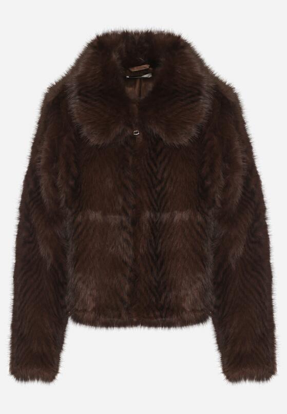 Brązowa Kurtka Futerko o Prostym Kroju z Zapięciem na Suwak Tusiviela 6