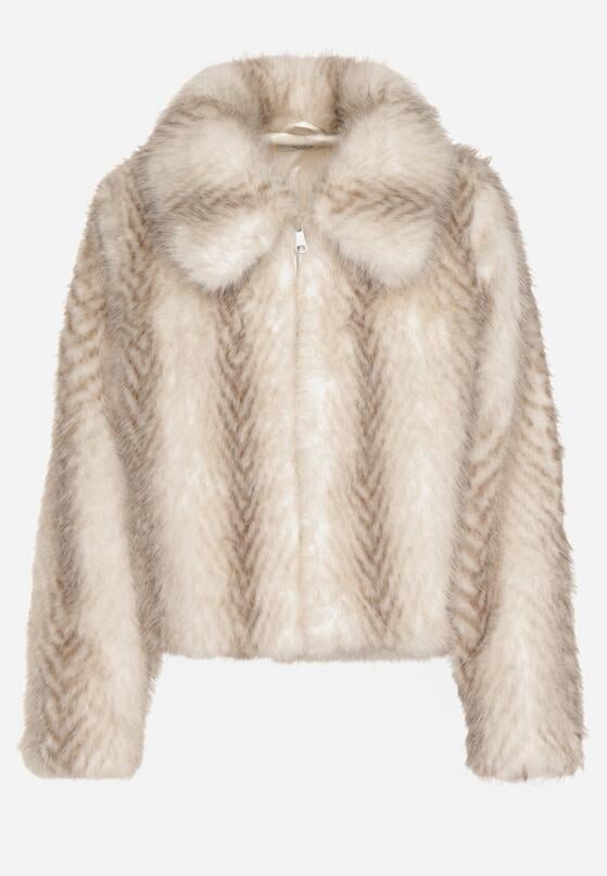 Jasnobeżowa Kurtka Futerko o Prostym Kroju z Zapięciem na Suwak Tusiviela 6