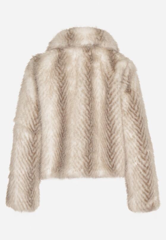 Jasnobeżowa Kurtka Futerko o Prostym Kroju z Zapięciem na Suwak Tusiviela 7