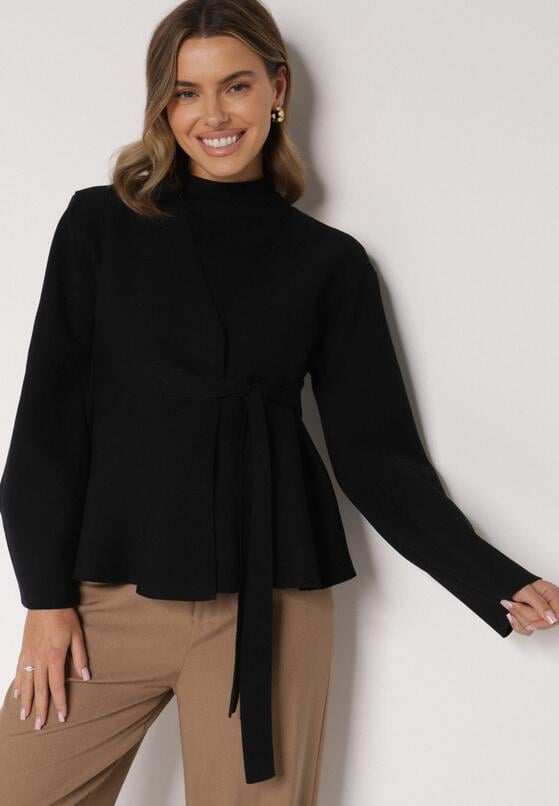 Czarny Kardigan z Wiskozą i Wiązaniem w Pasie Tusvela 2
