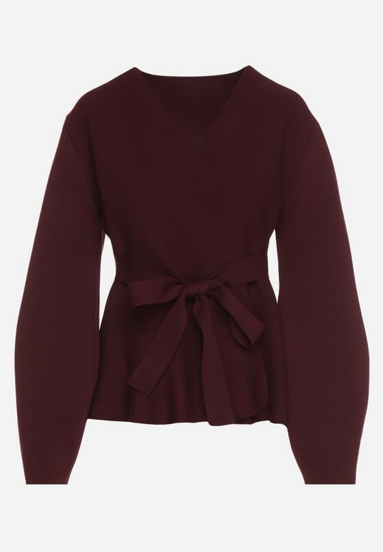 Bordowy Kardigan z Wiskozą i Wiązaniem w Pasie Tusvela 6