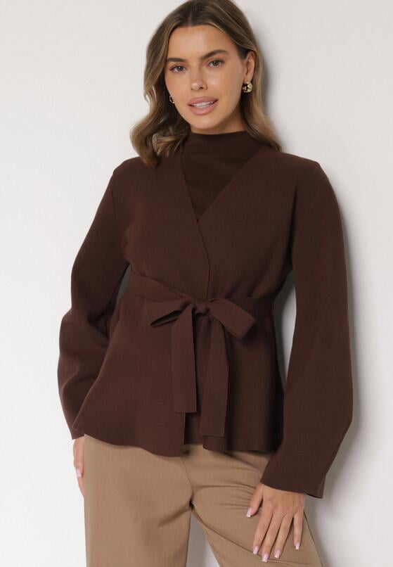 Brązowy Kardigan z Wiskozą i Wiązaniem w Pasie Tusvela 2