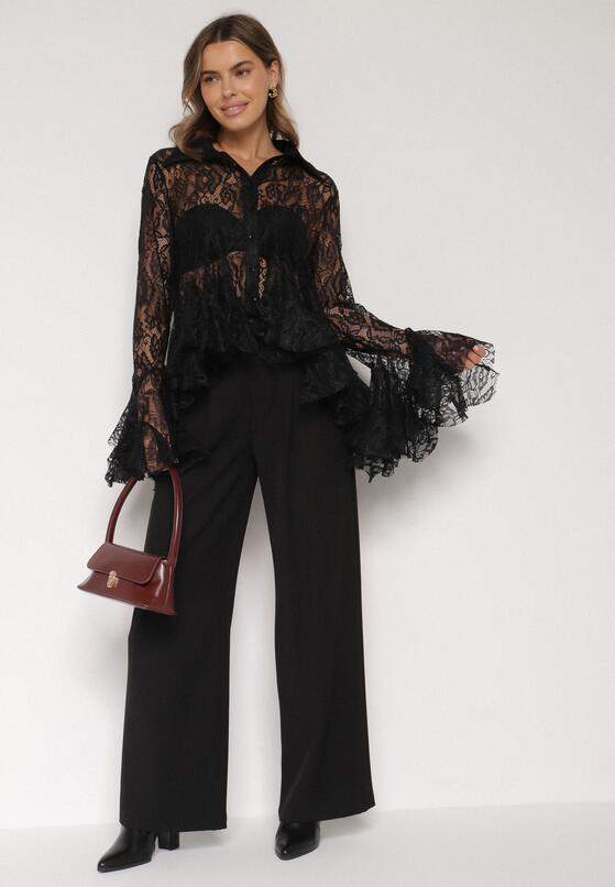 Czarna Koronkowa Koszula Ozdobiona Falbankami Ezirena 2