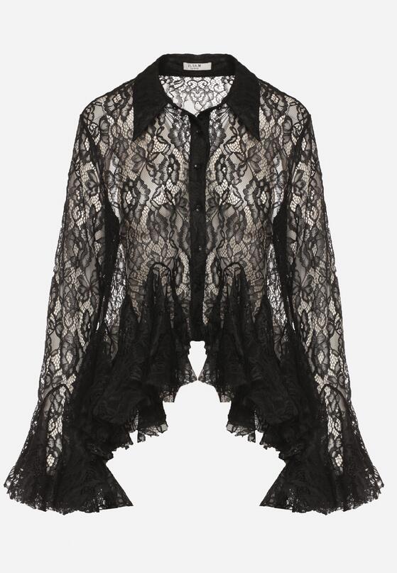 Czarna Koronkowa Koszula Ozdobiona Falbankami Ezirena 6