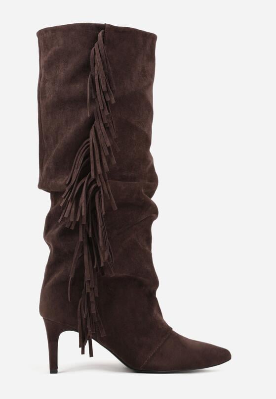 Brązowe Marszczone Kozaki z Imitacji Zamszu na Niskiej Szpilce z Frędzlami Linonra 4